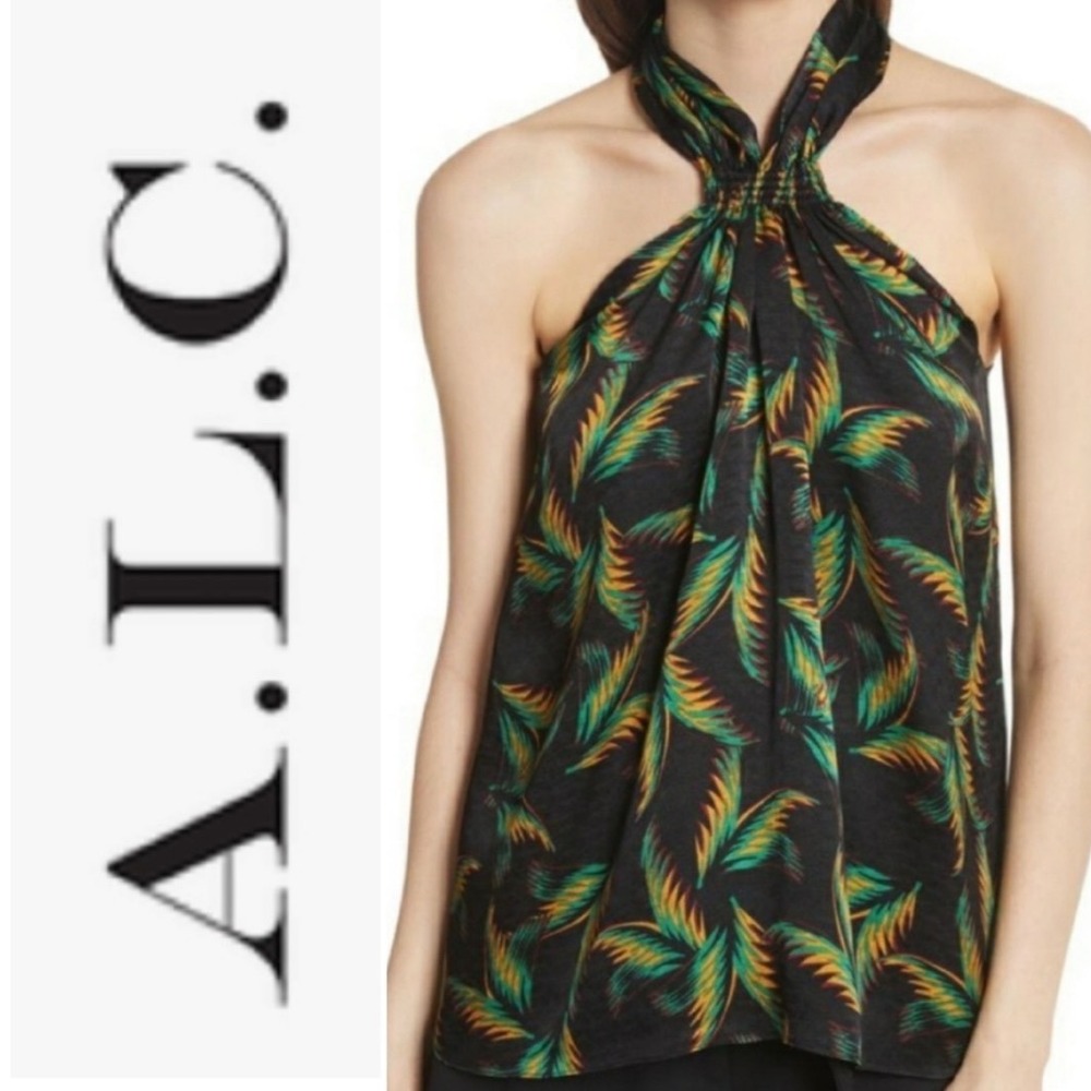 A.L.C. Leda Palm Jacquard 100% Silk Halter Sleeveless Top Size 10